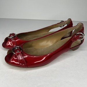 Stuart Weitzman Women's Size 8 Glossy Red Open-Toe Patent Leather Ballet Flats